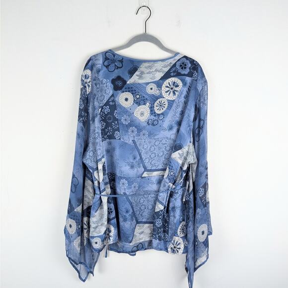 Lane Bryant Blue Silk Floral‎ Wrap Peplum Blouse Size 18/20 Whimsical Fairycore - Picture 5 of 7